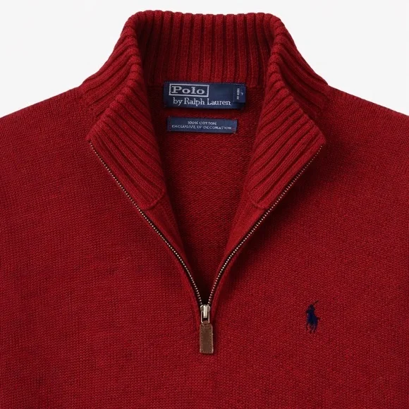 Polo Ralph Lauren Quarter Zip Sweater Mens M Red Cotton Mock Neck Pullover - Picture 3 of 5
